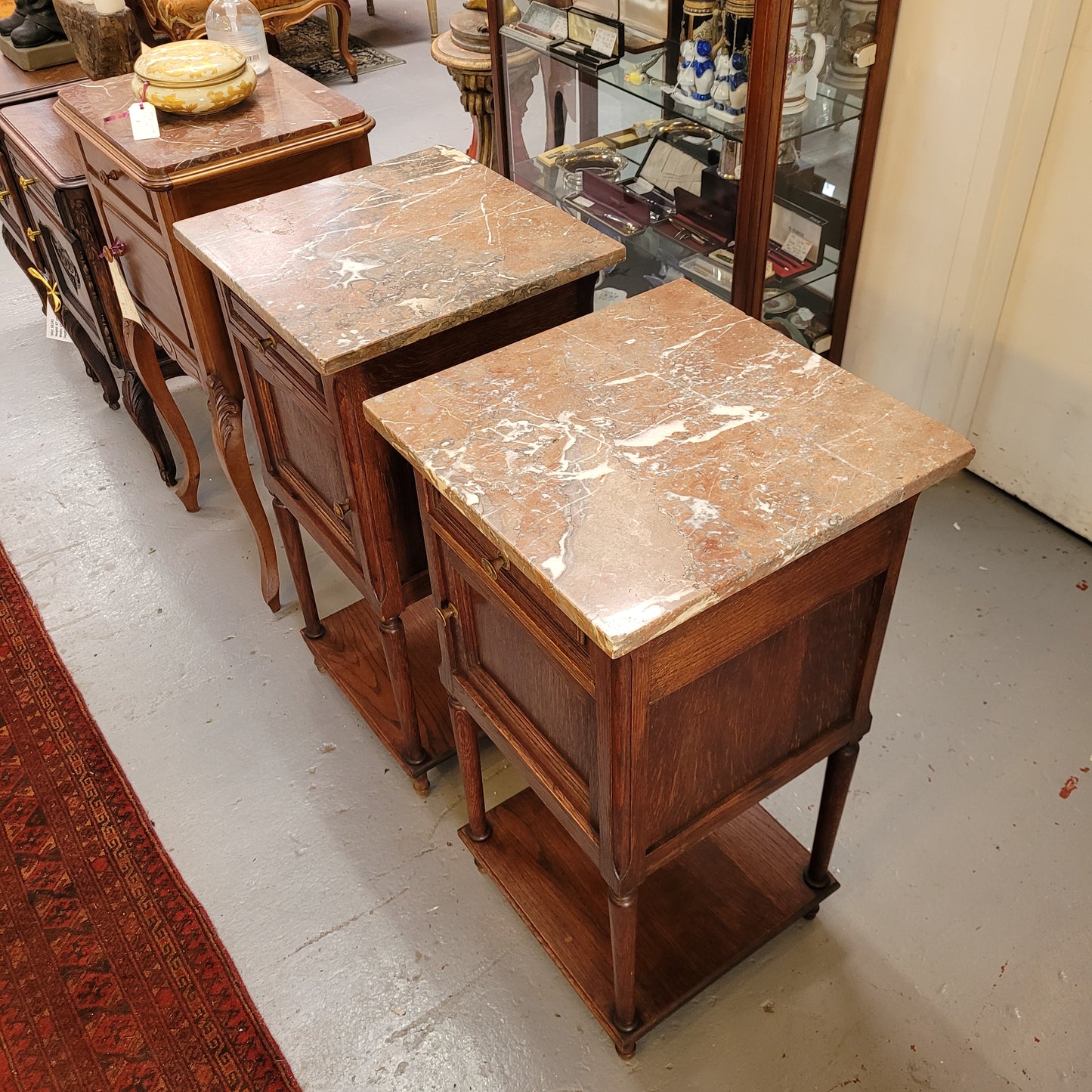 Pair of French Oak Louis XVI Style Marble Top Bedside Tables