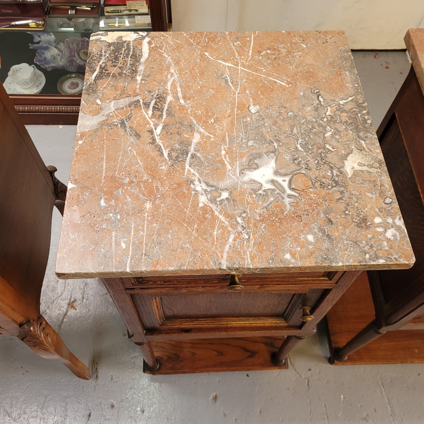 Pair of French Oak Louis XVI Style Marble Top Bedside Tables