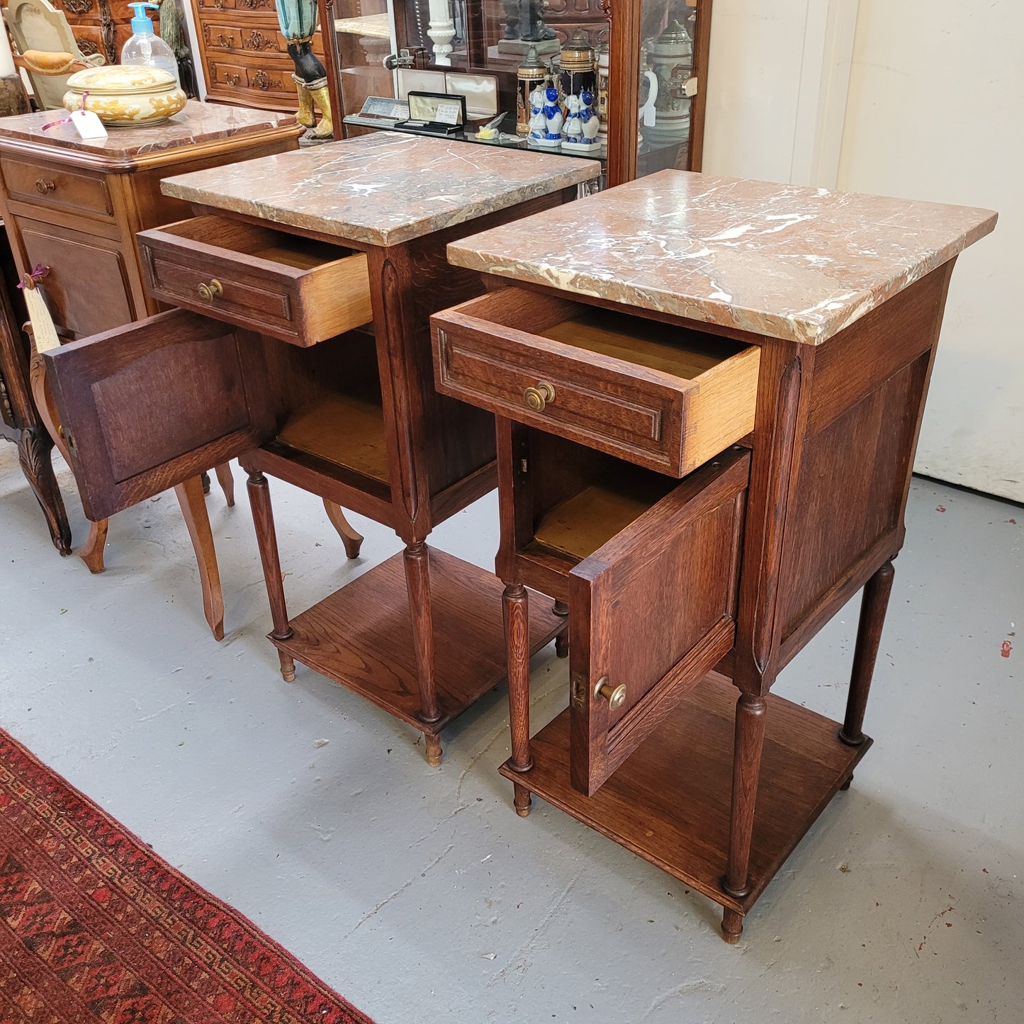 Pair of French Oak Louis XVI Style Marble Top Bedside Tables