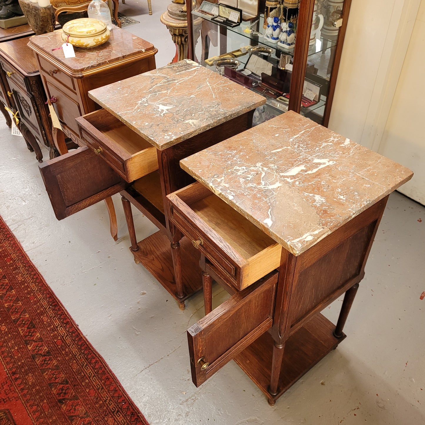 Pair of French Oak Louis XVI Style Marble Top Bedside Tables