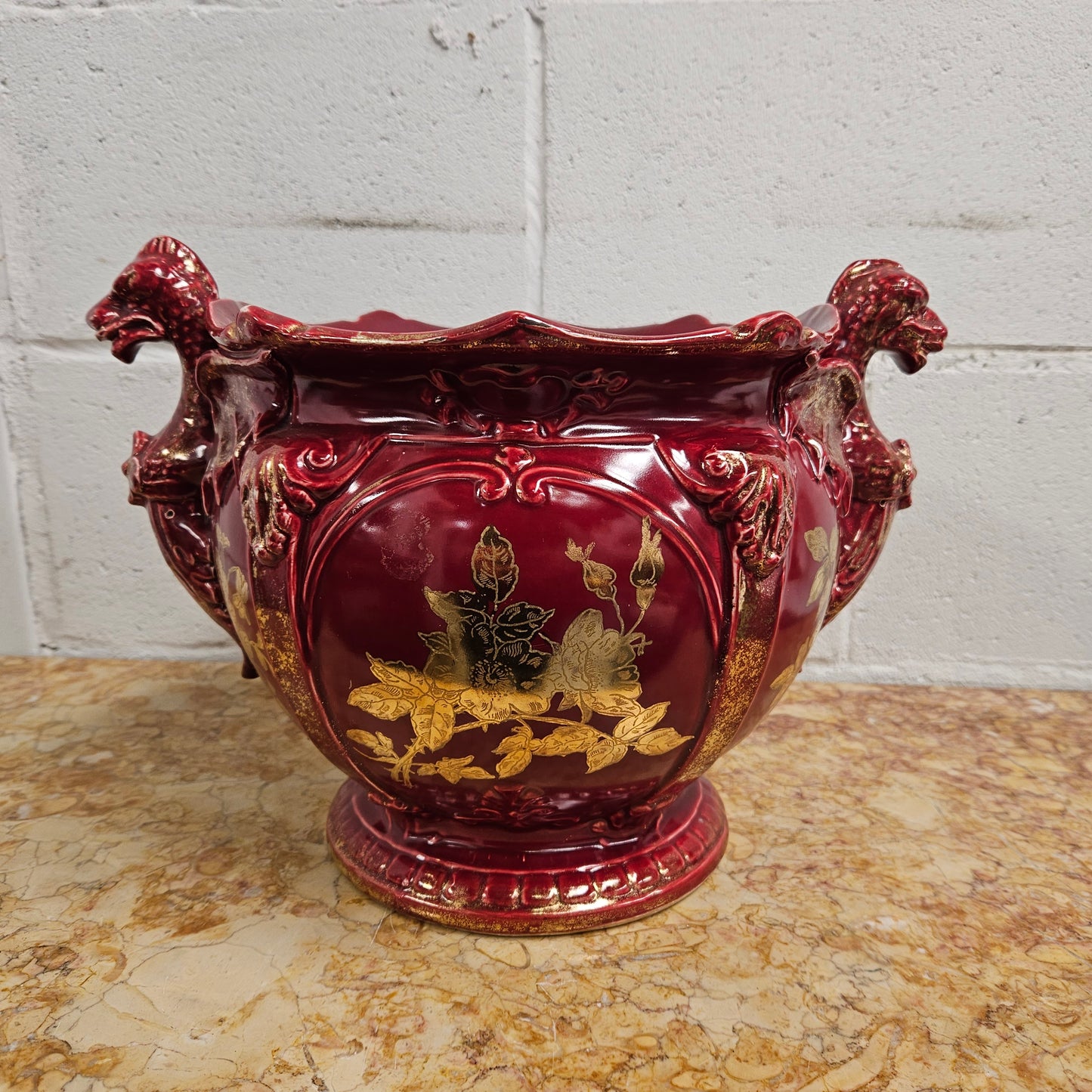 Burgundy Handprinted Griffin Jardiniere