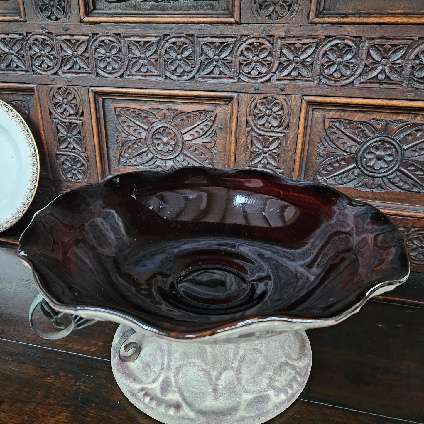 Decorative Ruby Coloured Glass Fruit Bowl