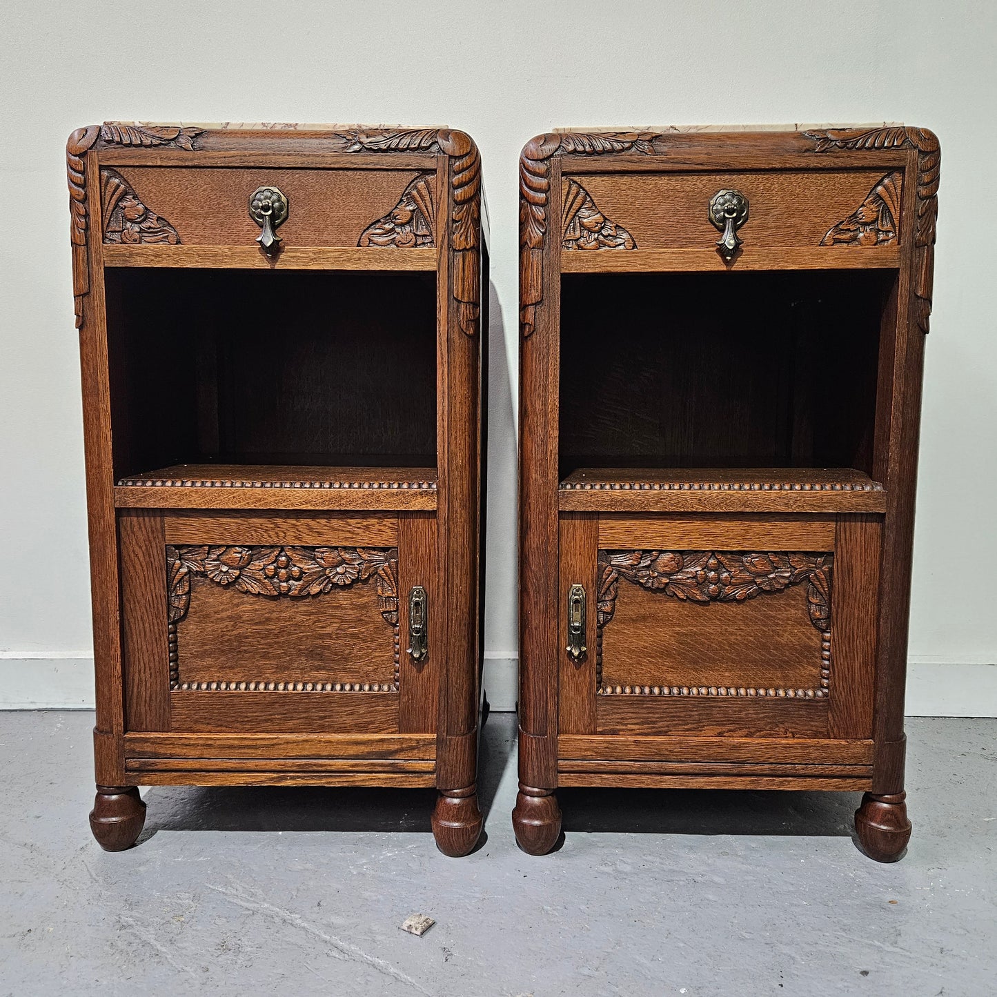 Pair French Art Deco Oak Bedside Cabinet With Inset Marble