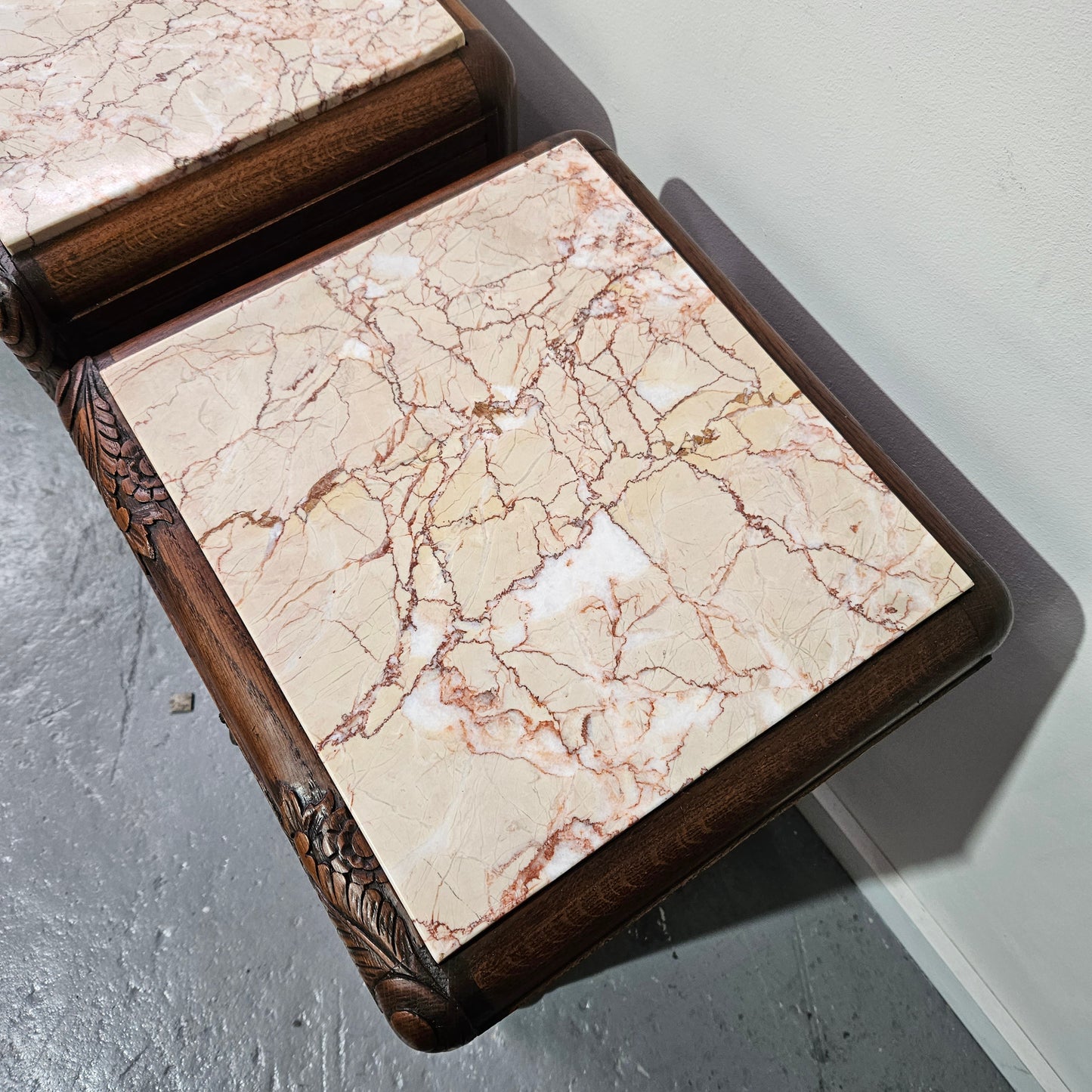 Pair French Art Deco Oak Bedside Cabinet With Inset Marble