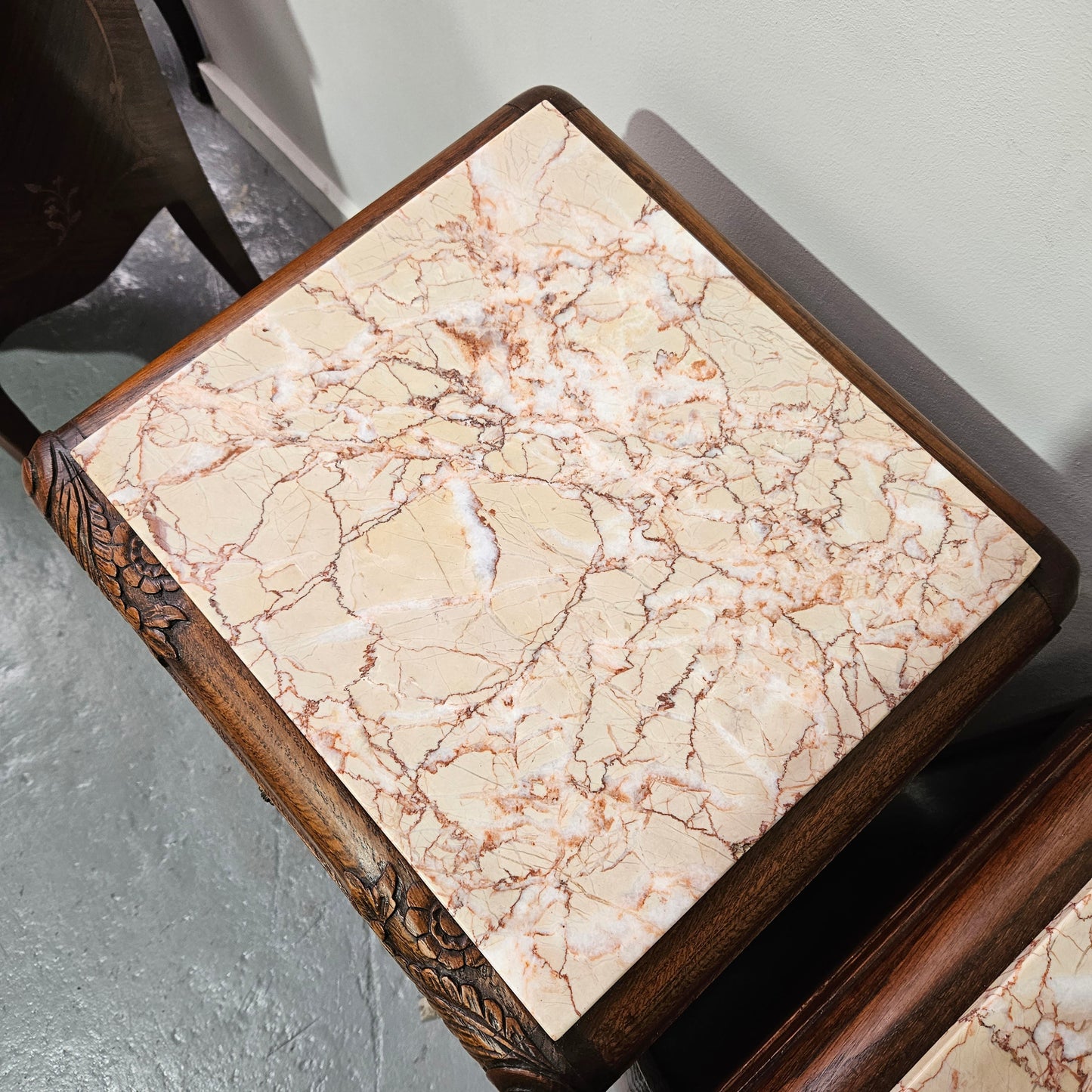 Pair French Art Deco Oak Bedside Cabinet With Inset Marble