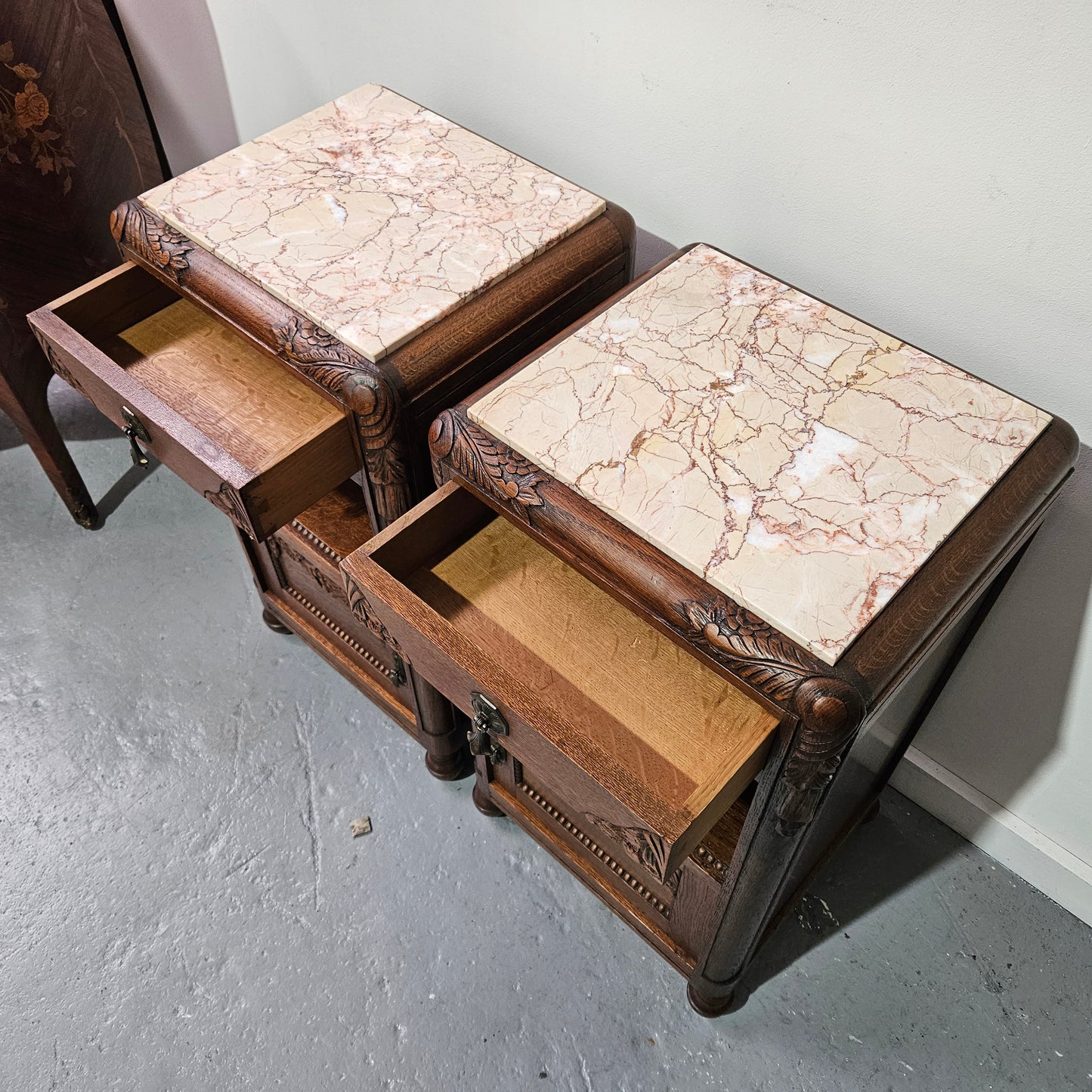 Pair French Art Deco Oak Bedside Cabinet With Inset Marble