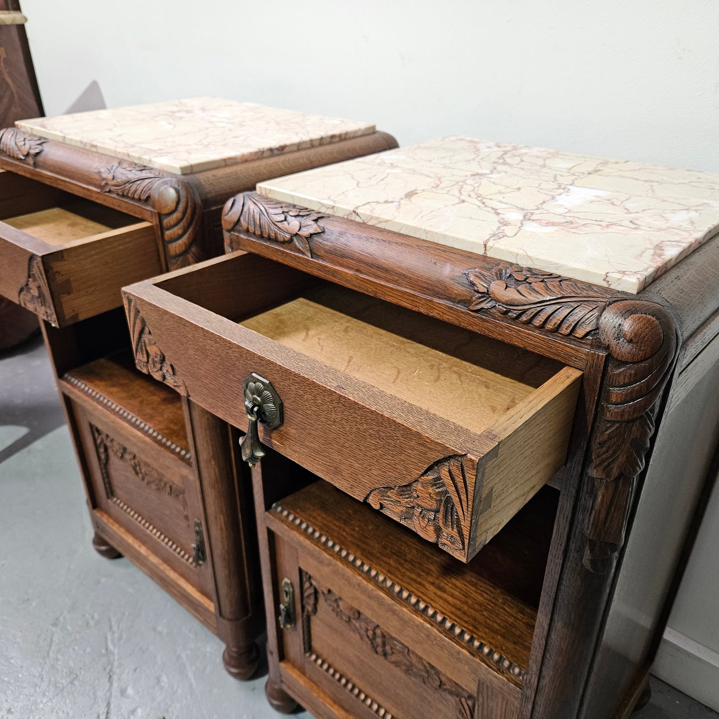 Pair French Art Deco Oak Bedside Cabinet With Inset Marble