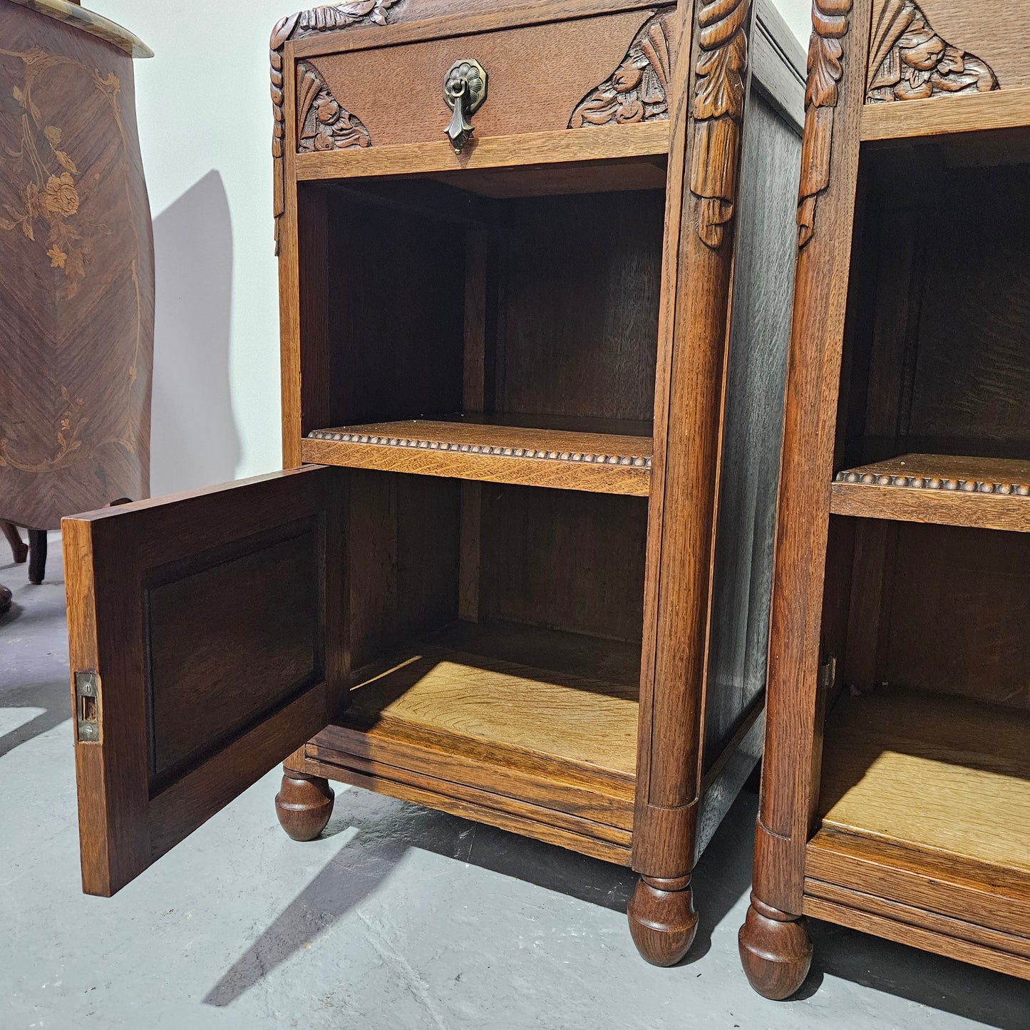 Pair French Art Deco Oak Bedside Cabinet With Inset Marble