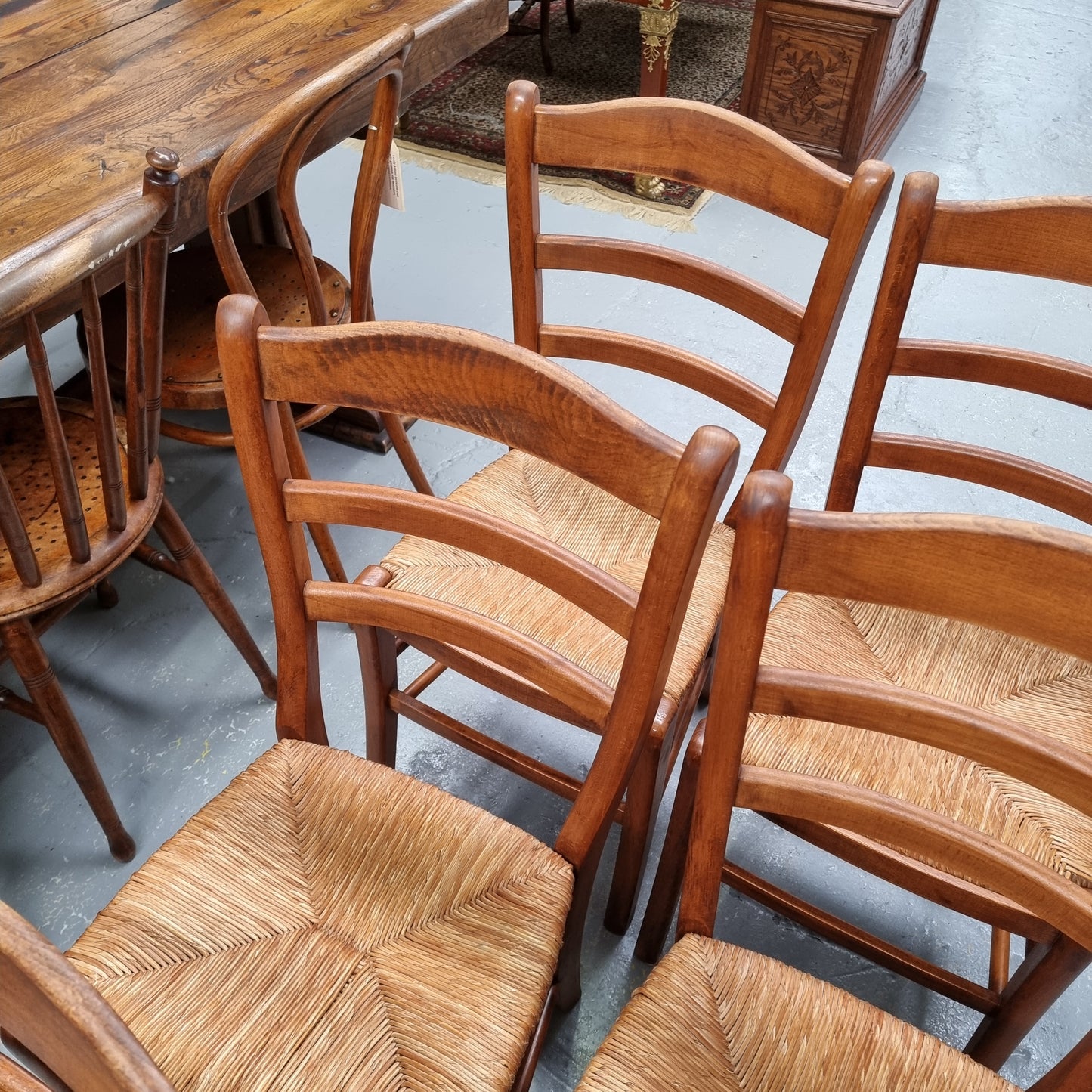 Set of Six Cherrywood French Rush Seated Dining Chairs
