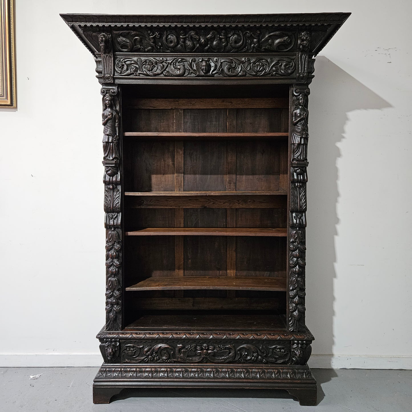 French Dark Oak Gothic Style Open Bookcase