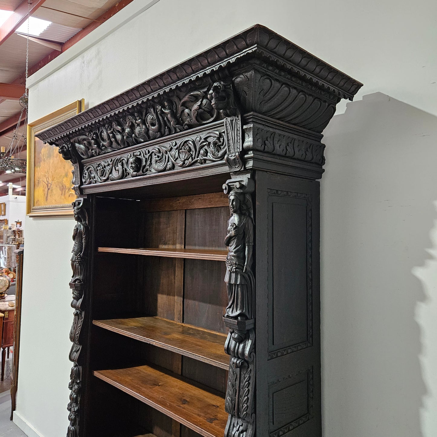 French Dark Oak Gothic Style Open Bookcase