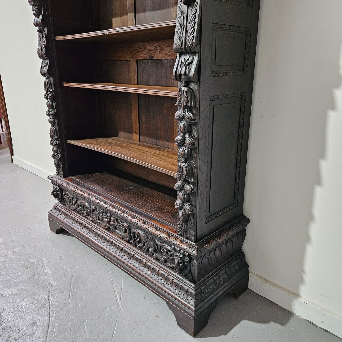 French Dark Oak Gothic Style Open Bookcase