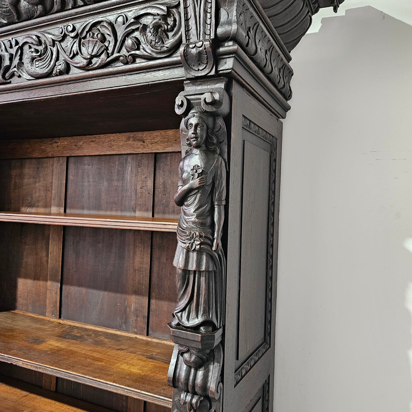 French Dark Oak Gothic Style Open Bookcase