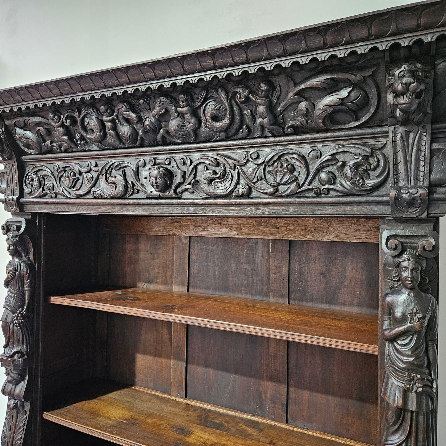 French Dark Oak Gothic Style Open Bookcase