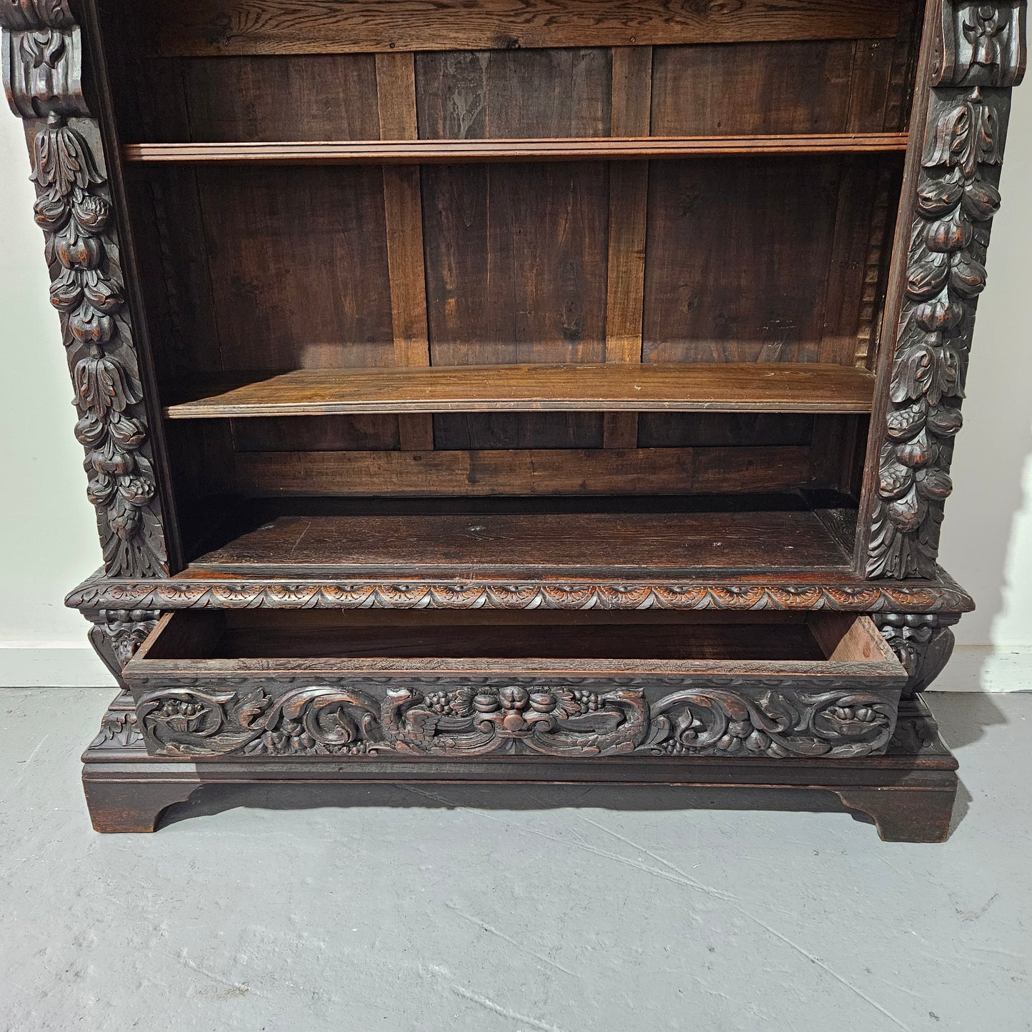 French Dark Oak Gothic Style Open Bookcase