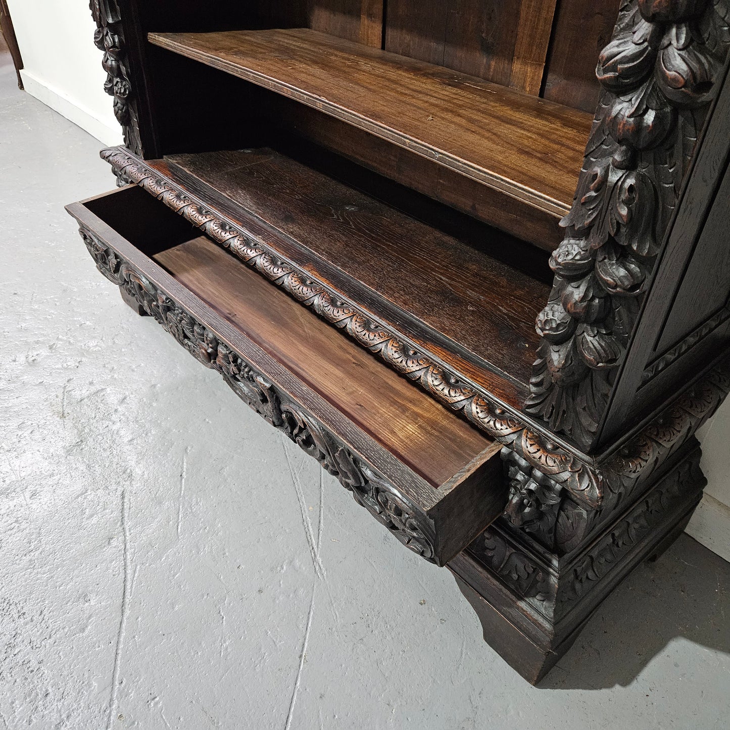French Dark Oak Gothic Style Open Bookcase