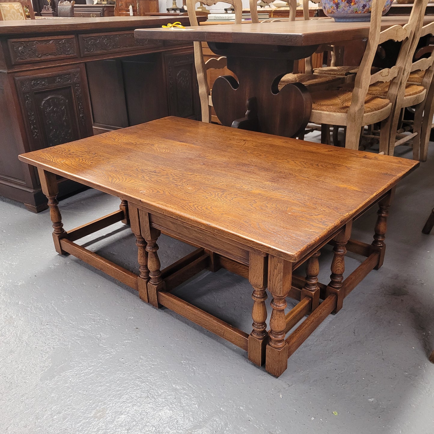 Large Period Style French Oak Coffee Table With Two Pull Out Side Tables