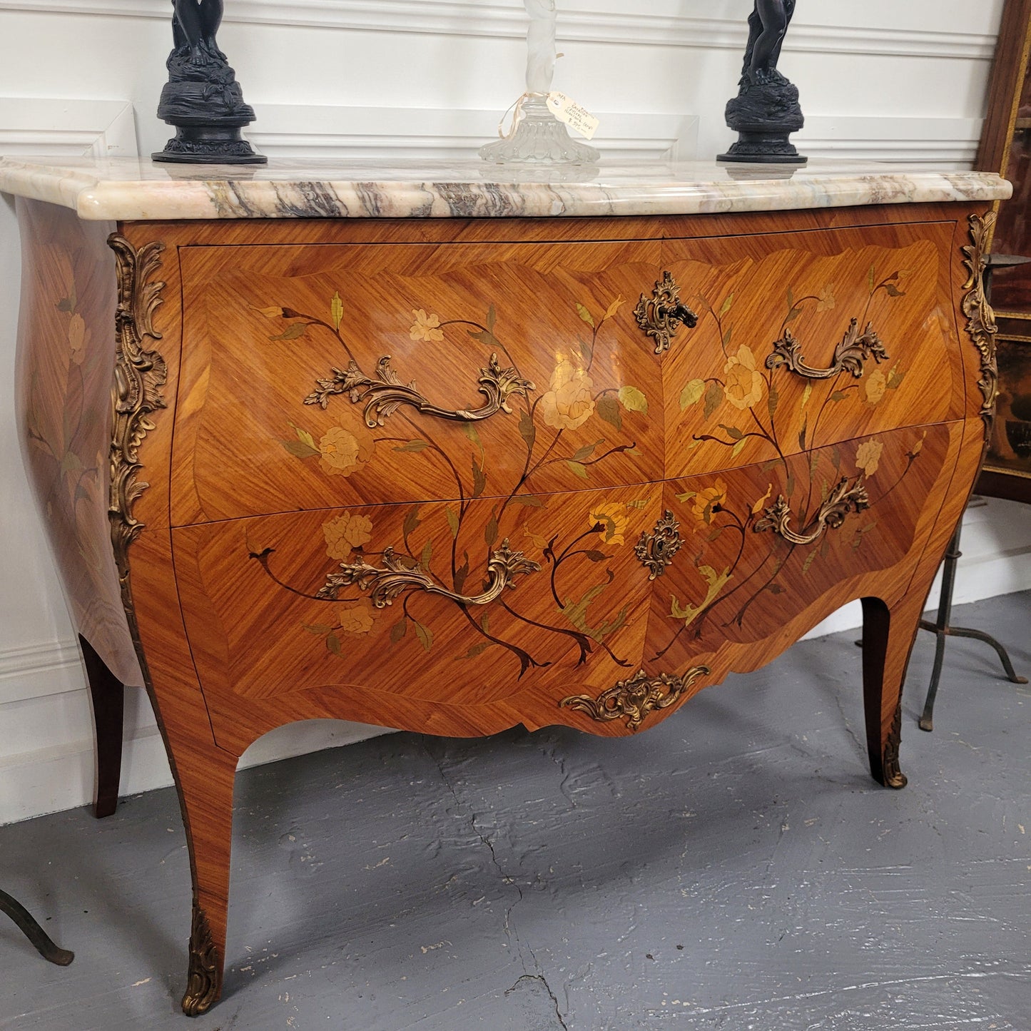 Stunning French Louis XV Style Kingwood Marquetry Inlaid Two Drawer Commode