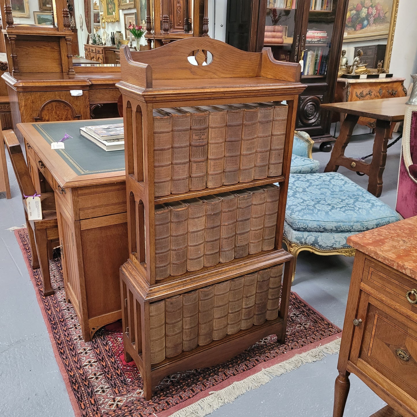 Arts & Crafts Australian Oak Waterfall Bookcase Complete With "Historians History of The World"