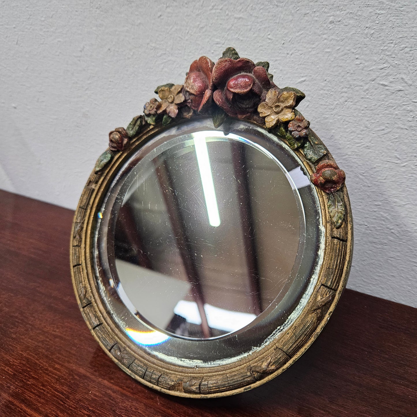 Charming Small Vintage Bevilled Glass Barbola Mirror