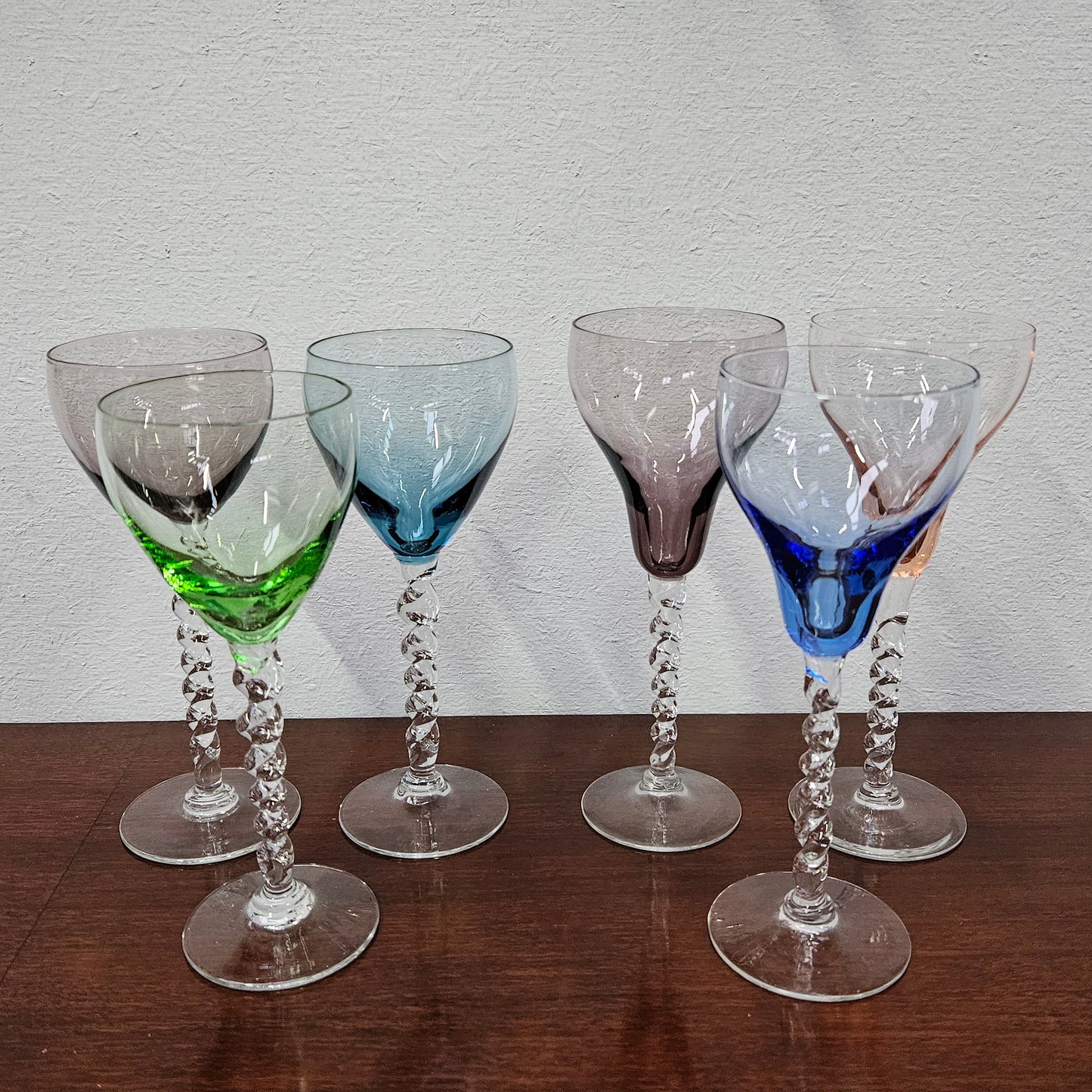 6 Vintage Coloured Wine Glasses With Twist Stems