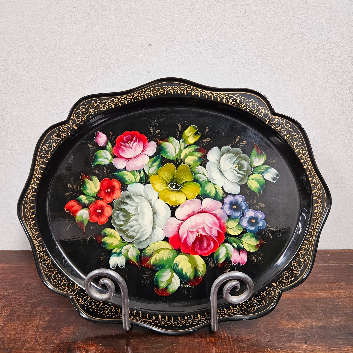 Vintage Hand Painted Tin Tray With Vibrant Flowers