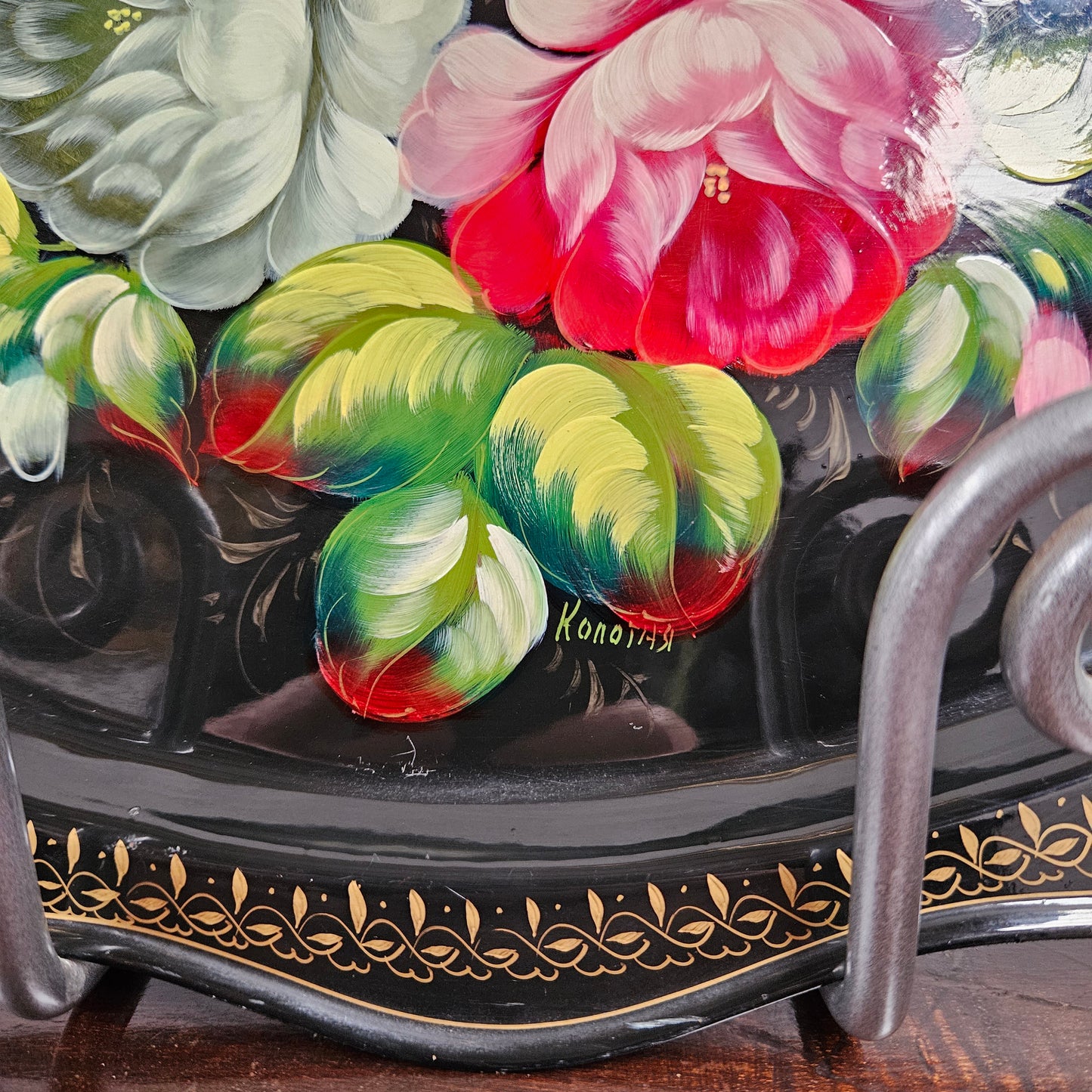 Vintage Hand Painted Tin Tray With Vibrant Flowers