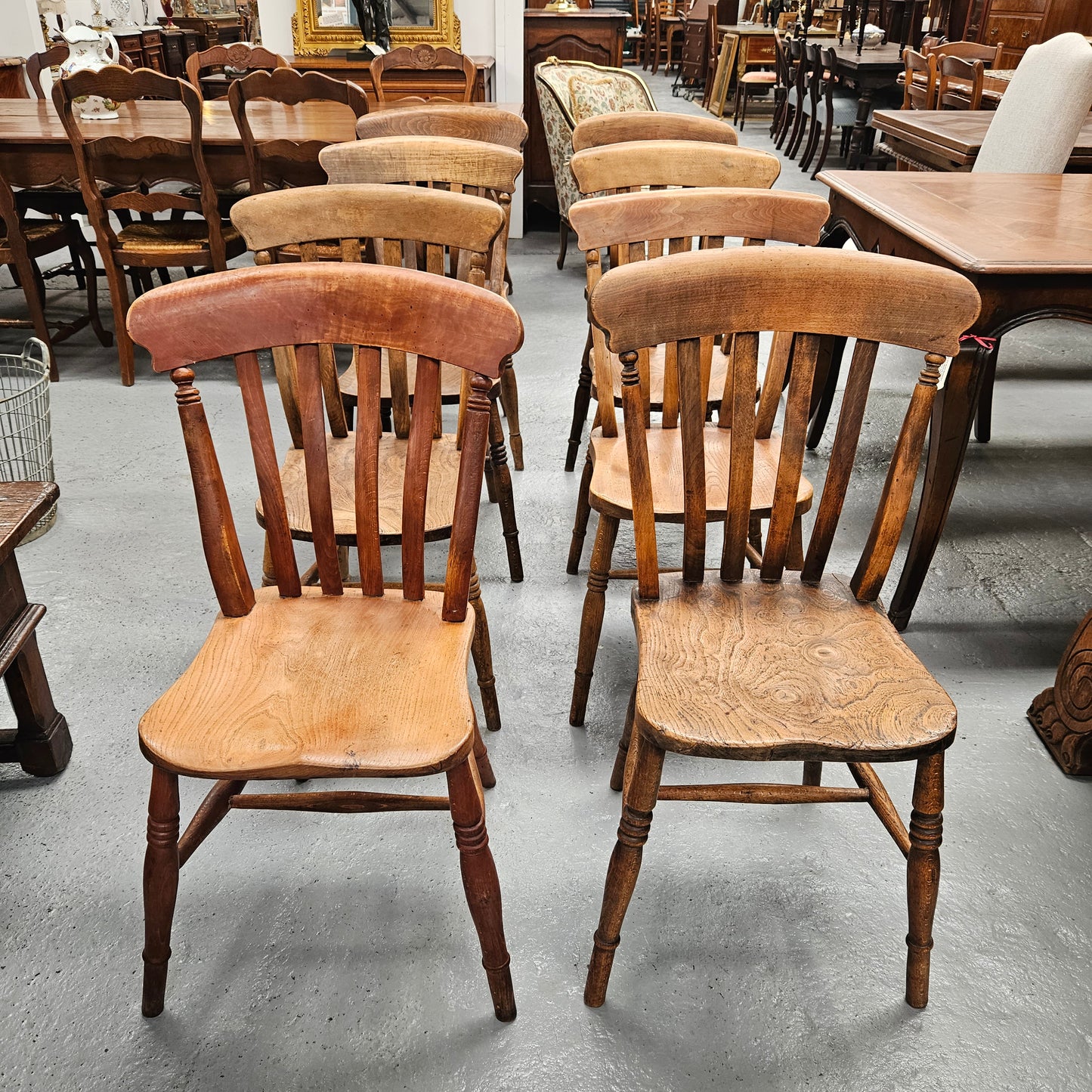 Matched Set 8 Elm Rustic Cottage Style Chairs