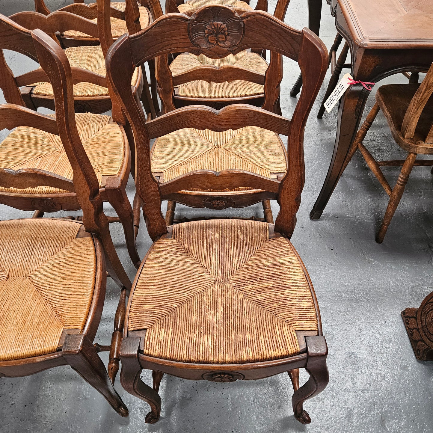 Eight French Oak Rush Seated Dining Chairs