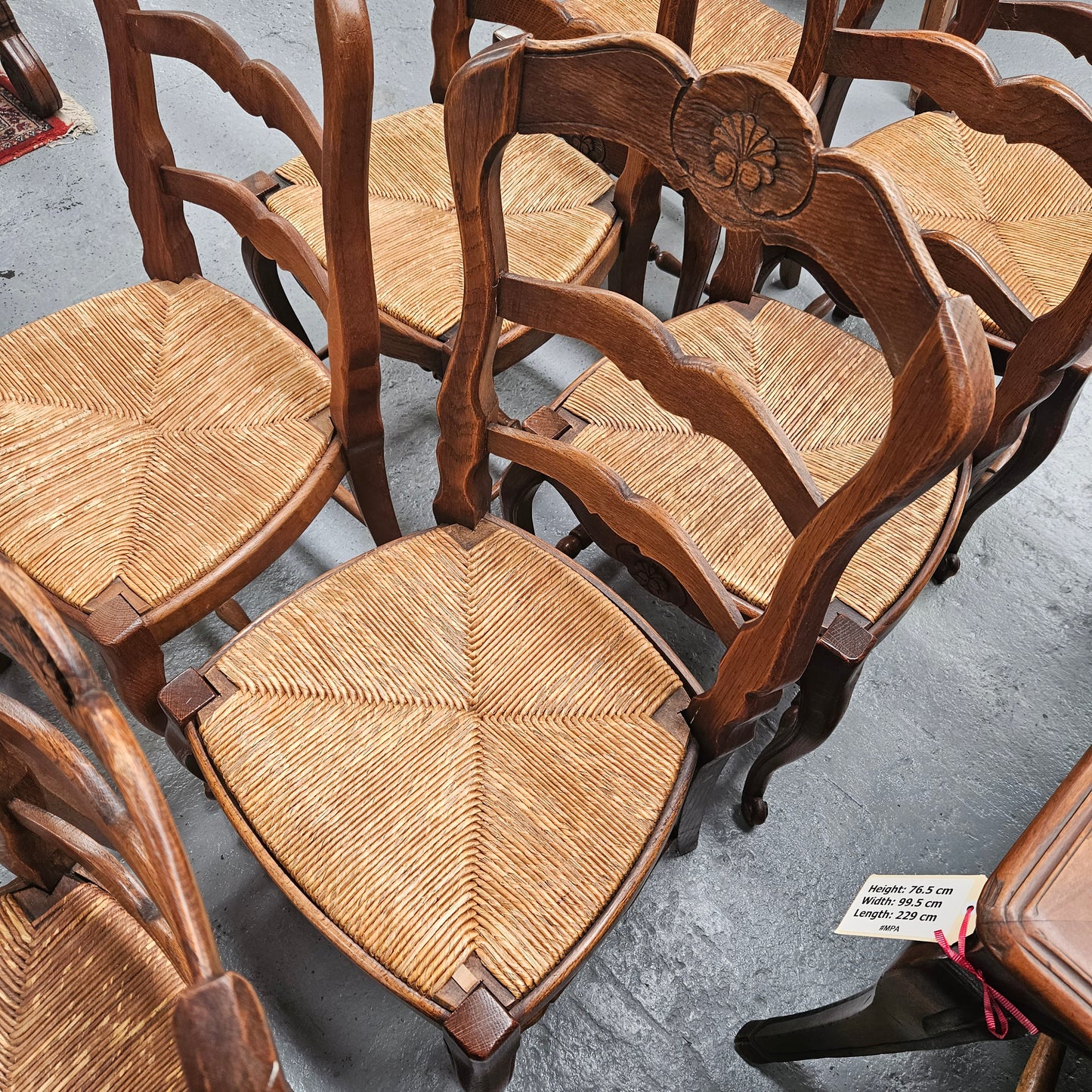 Eight French Oak Rush Seated Dining Chairs