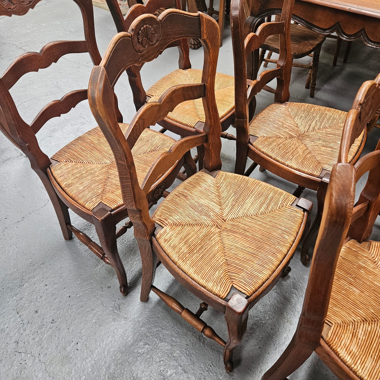 Eight French Oak Rush Seated Dining Chairs