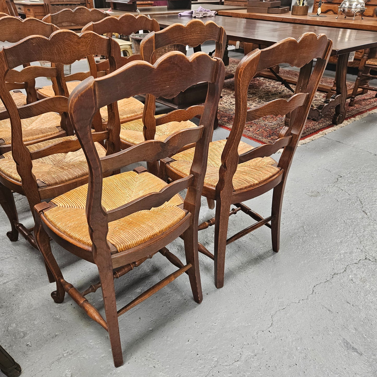 Eight French Oak Rush Seated Dining Chairs