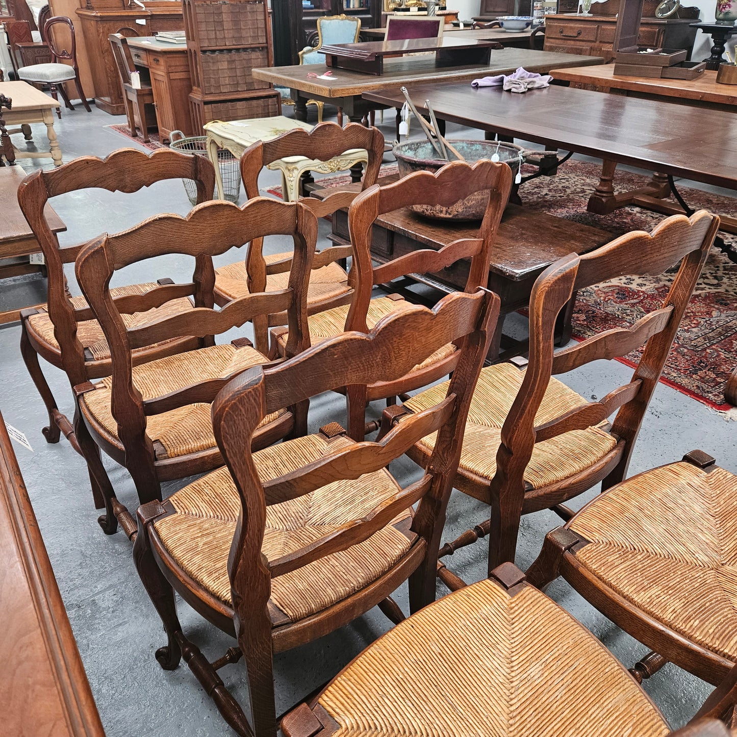 Eight French Oak Rush Seated Dining Chairs