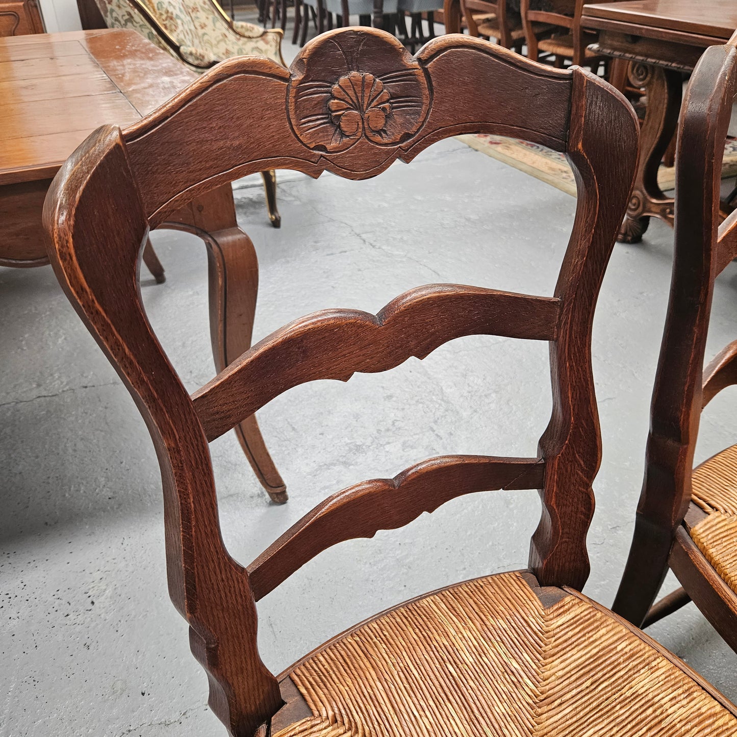 Eight French Oak Rush Seated Dining Chairs