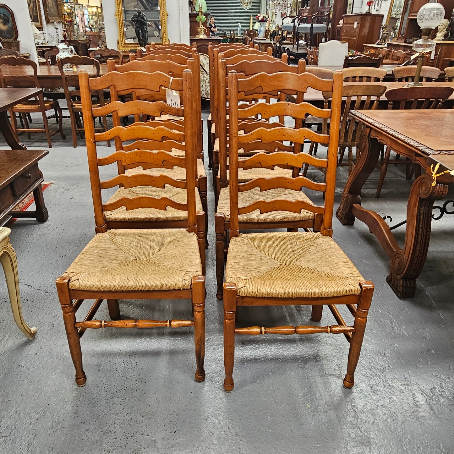 Vintage Set 12 Beech Ladderback Rush Seated Dining Chairs