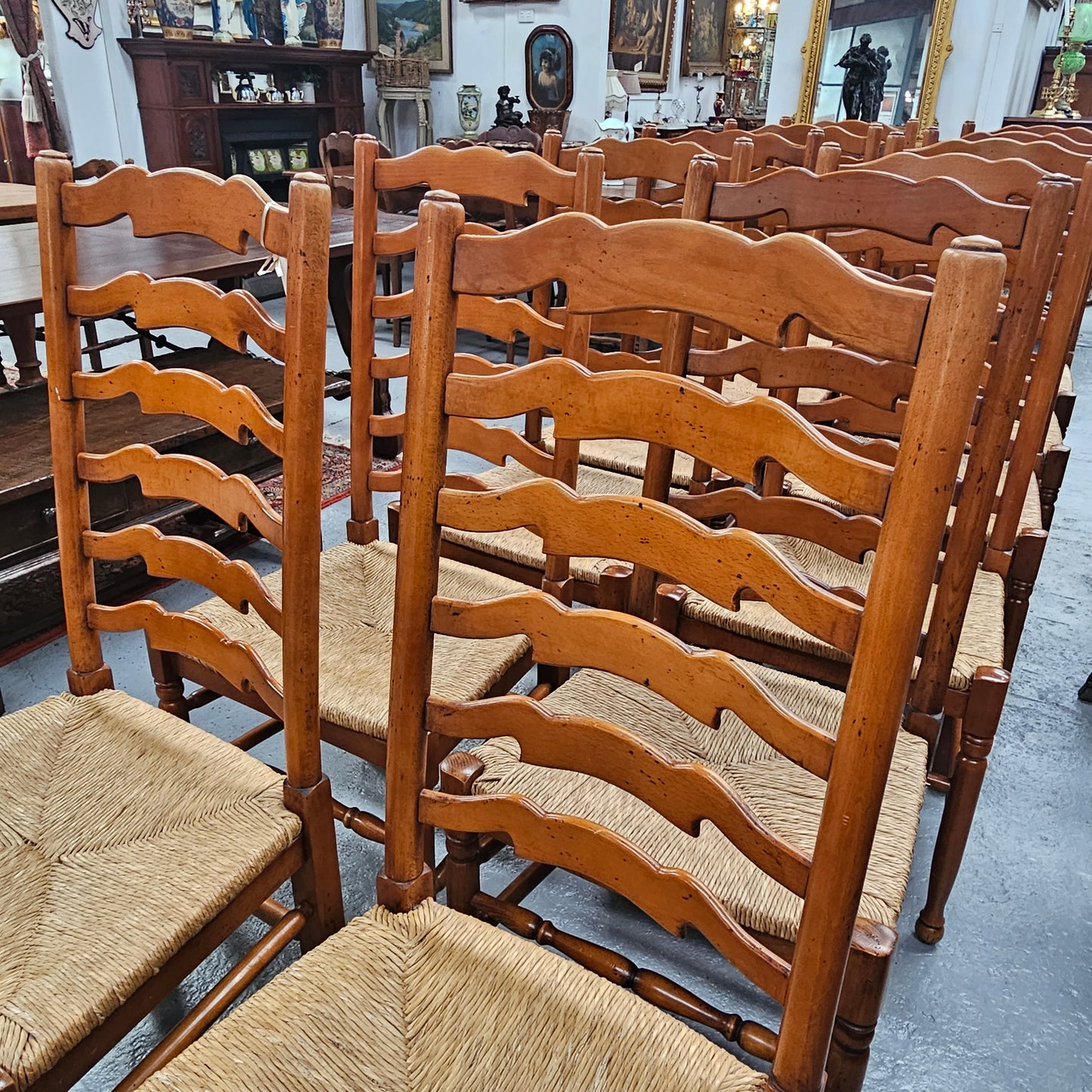 Vintage Set 12 Beech Ladderback Rush Seated Dining Chairs