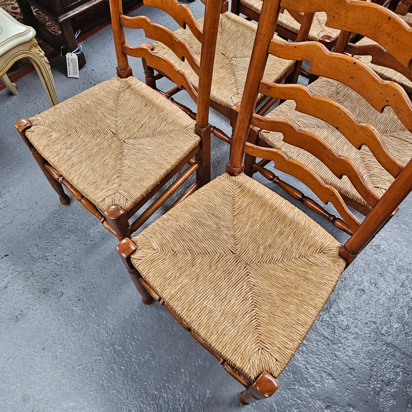 Vintage Set 12 Beech Ladderback Rush Seated Dining Chairs