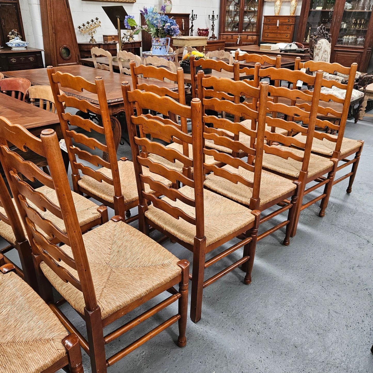 Vintage Set 12 Beech Ladderback Rush Seated Dining Chairs
