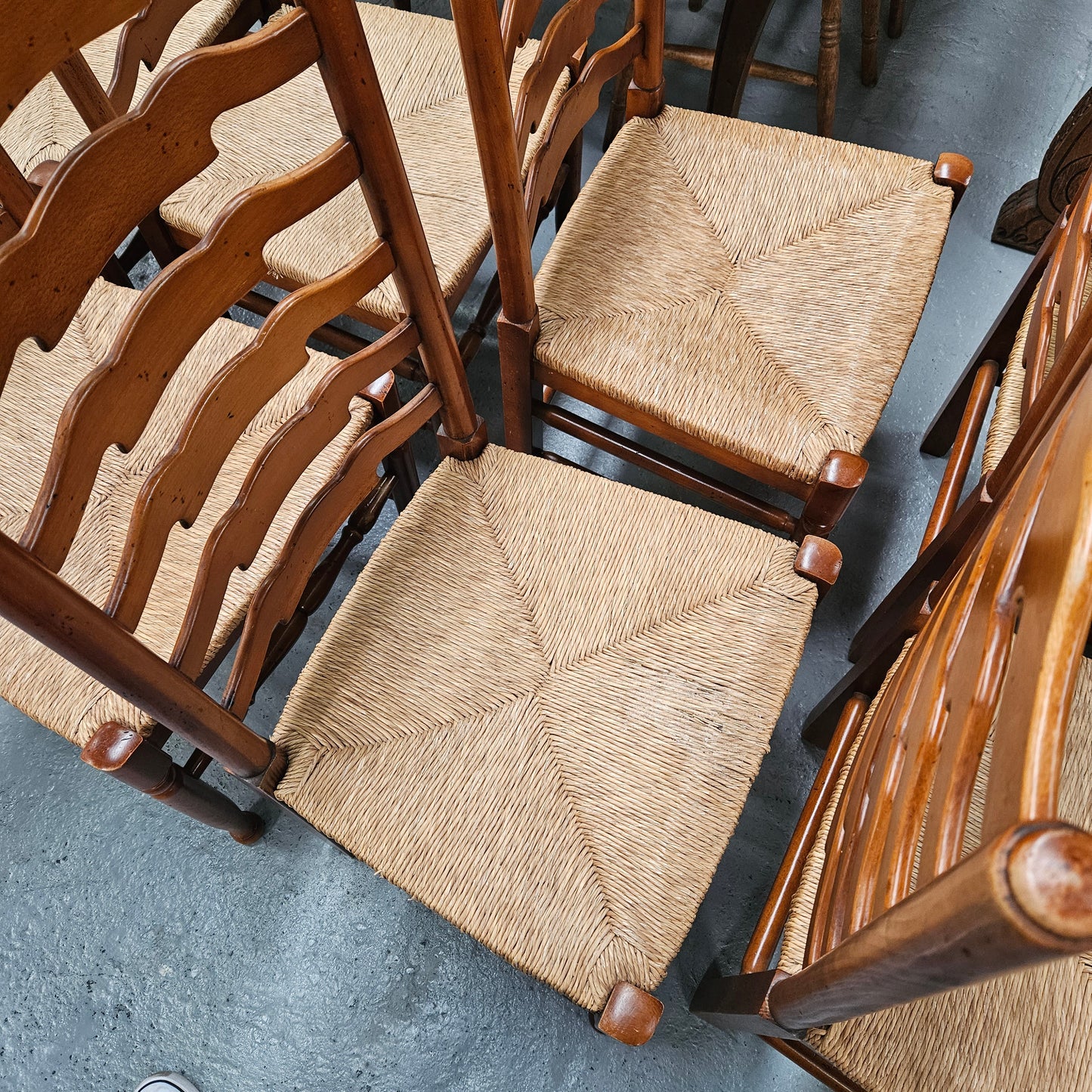 Vintage Set 12 Beech Ladderback Rush Seated Dining Chairs