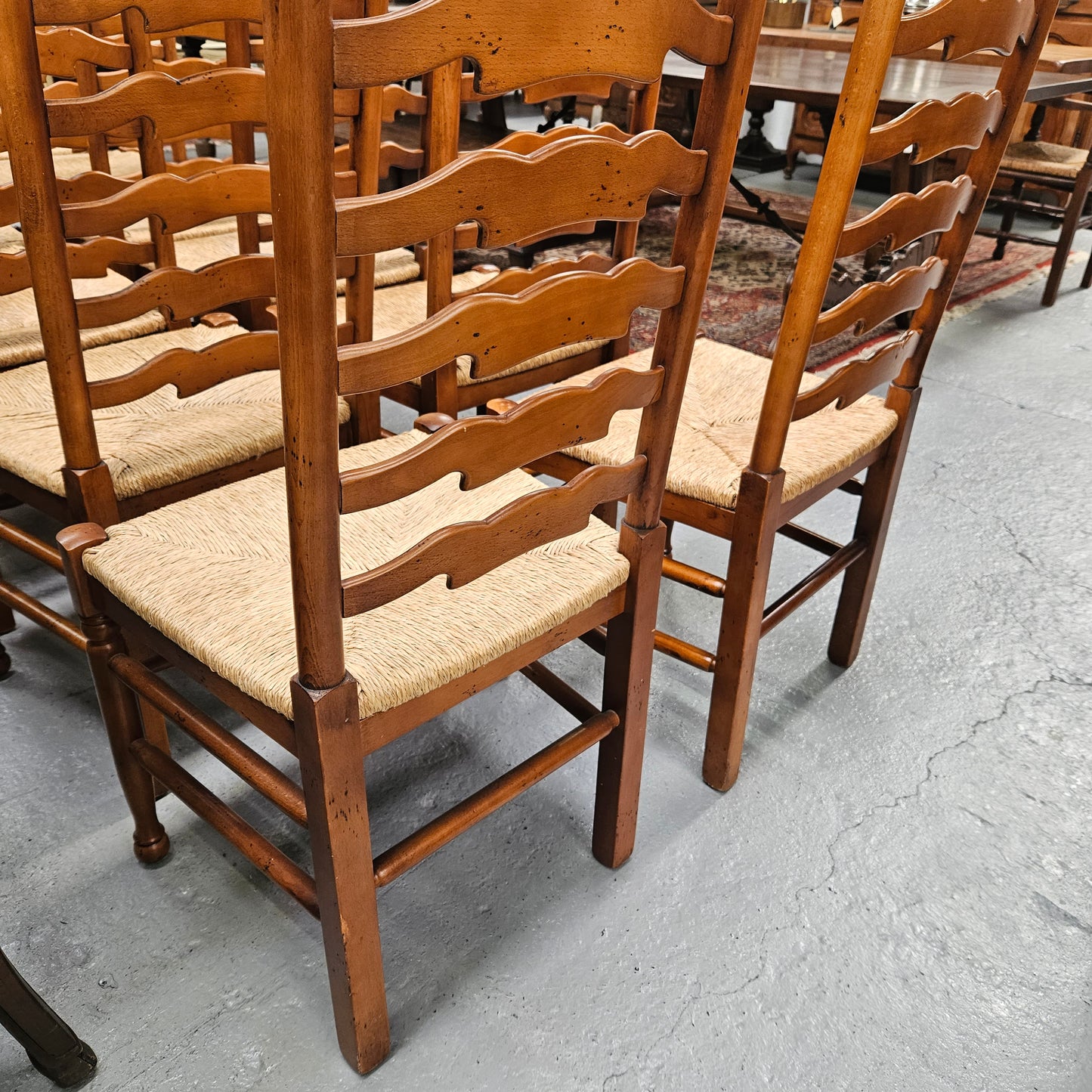 Vintage Set 12 Beech Ladderback Rush Seated Dining Chairs