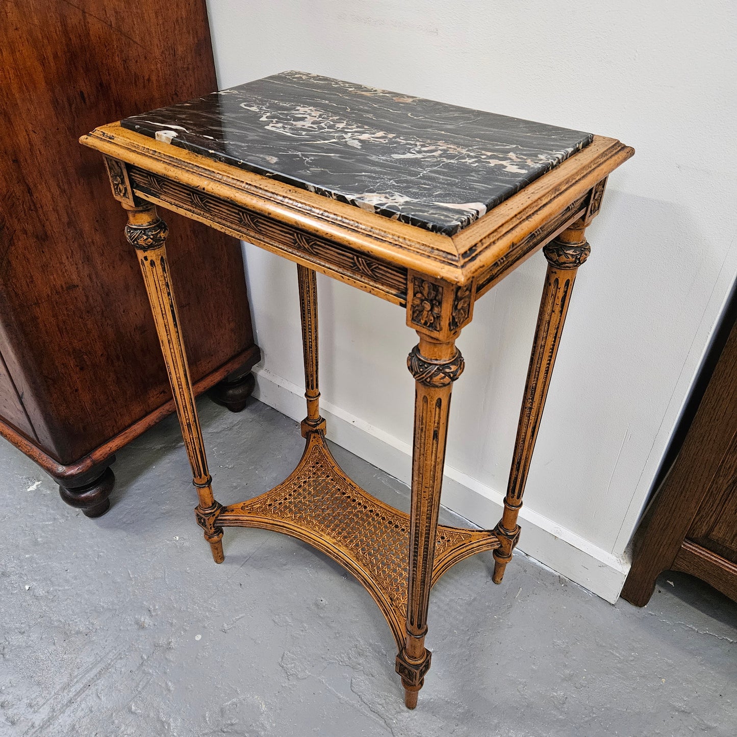 French Walnut Two Tiered Marble Top Table