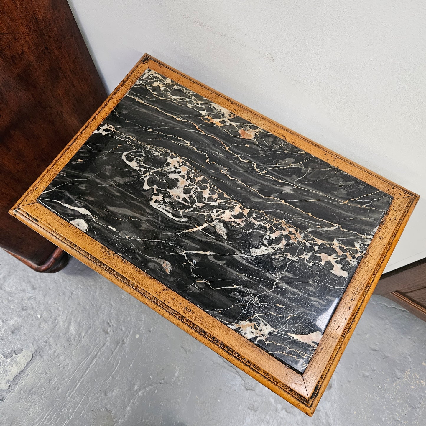 French Walnut Two Tiered Marble Top Table