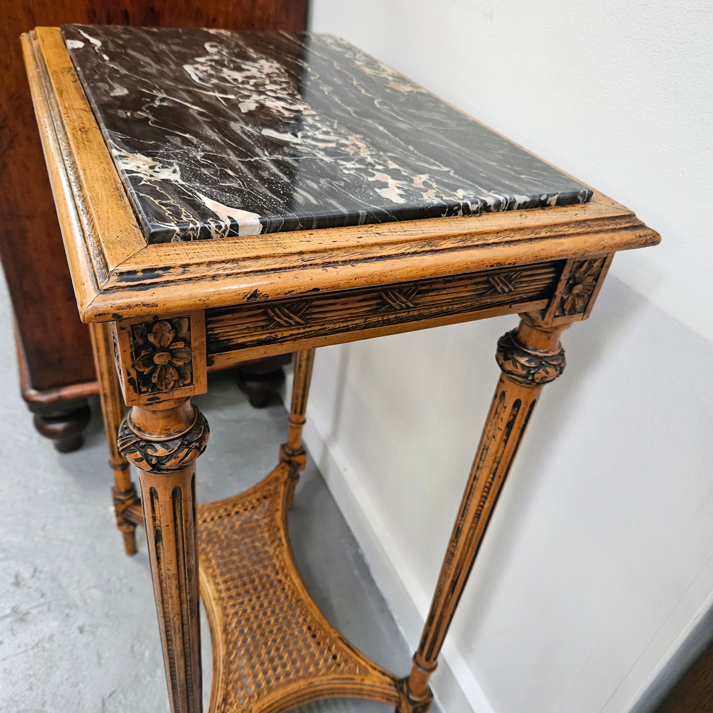 French Walnut Two Tiered Marble Top Table