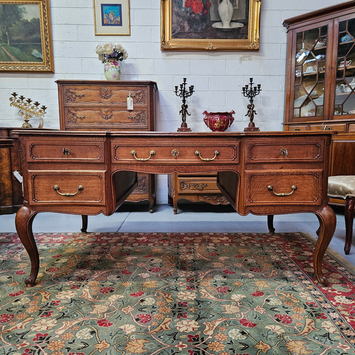 Beautiful Grand French Oak Louis XV Style Faux Partners Desk