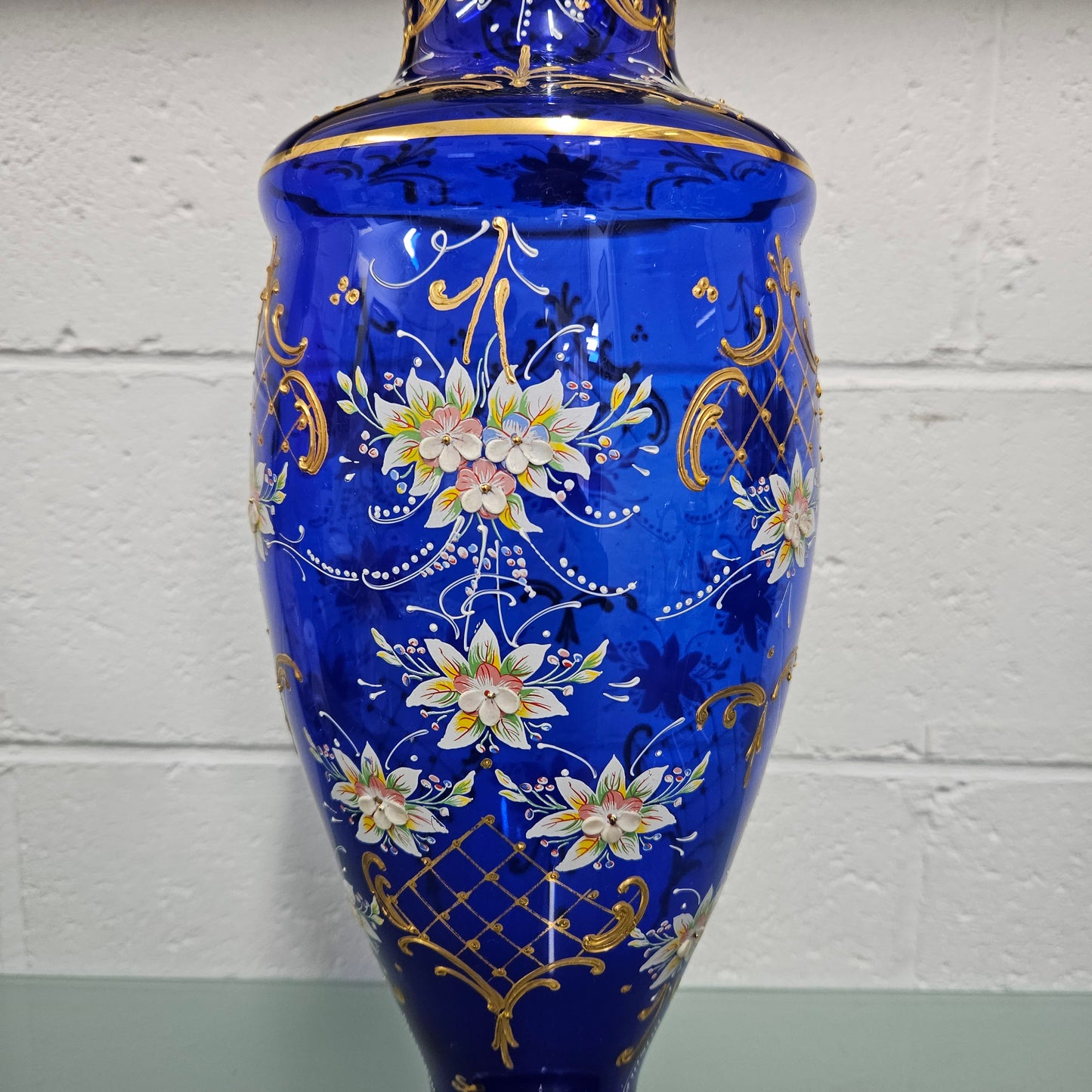 Vintage Bohemian Blue Glass Vase with Enamel & Gilt Decoration