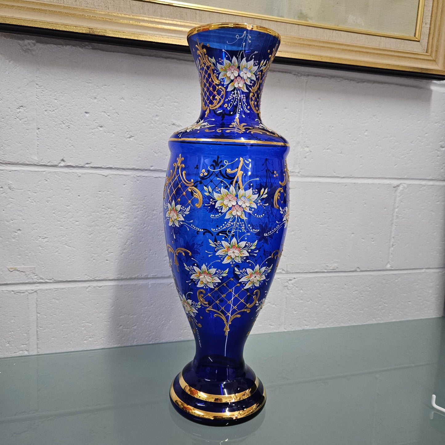Vintage Bohemian Blue Glass Vase with Enamel & Gilt Decoration