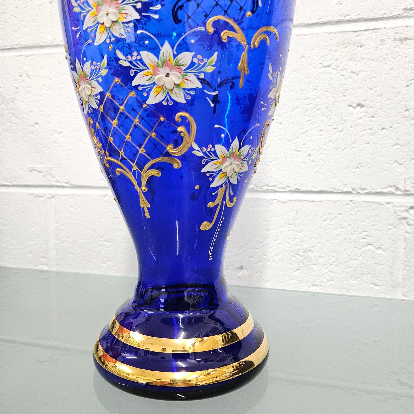 Vintage Bohemian Blue Glass Vase with Enamel & Gilt Decoration