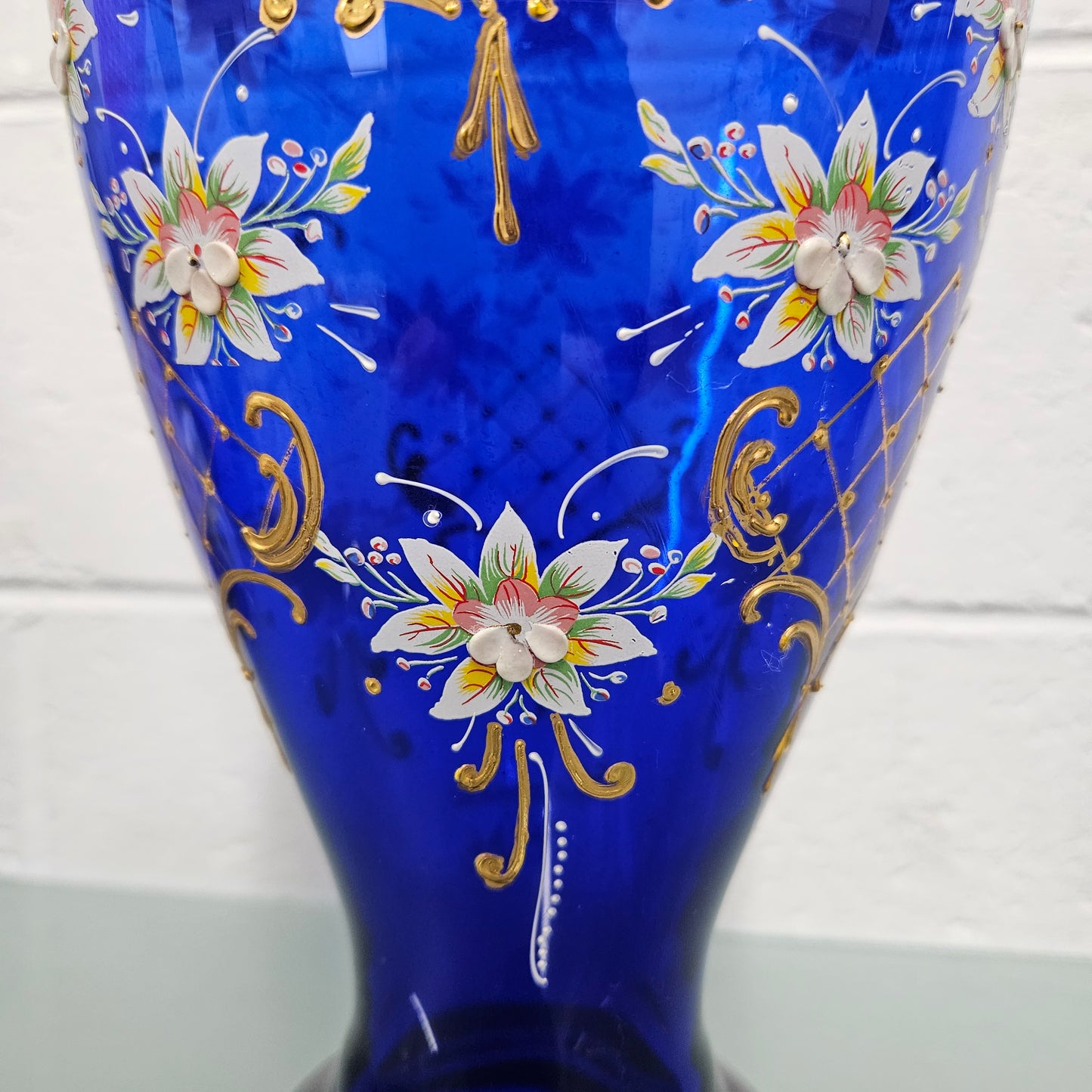 Vintage Bohemian Blue Glass Vase with Enamel & Gilt Decoration