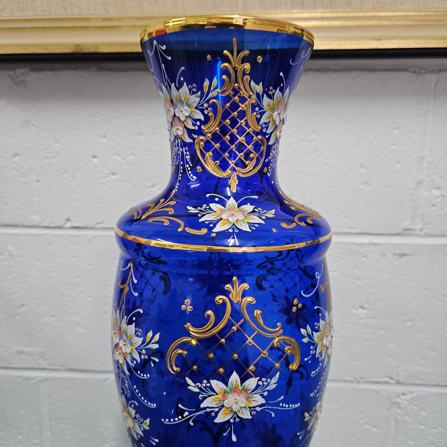 Vintage Bohemian Blue Glass Vase with Enamel & Gilt Decoration
