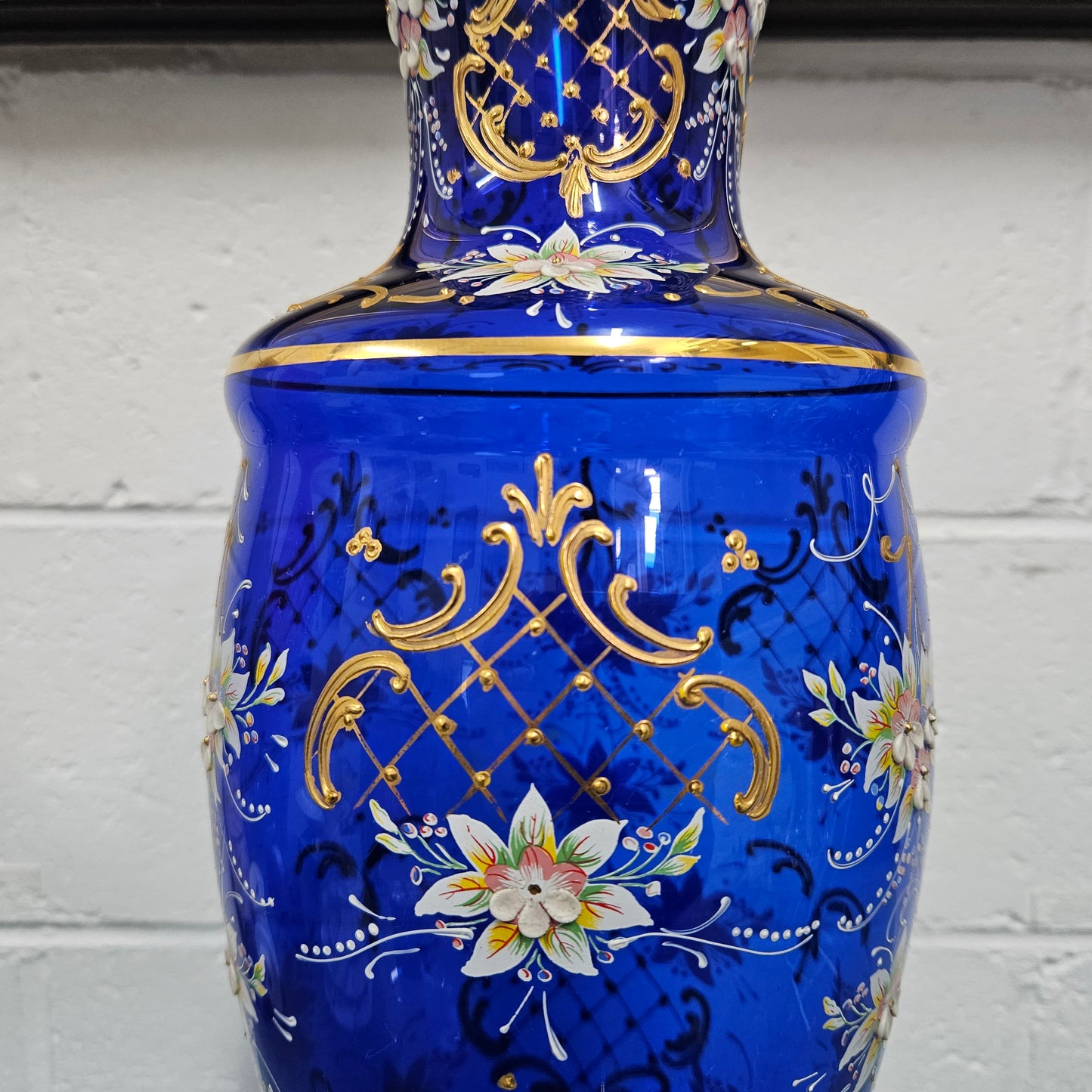 Vintage Bohemian Blue Glass Vase with Enamel & Gilt Decoration